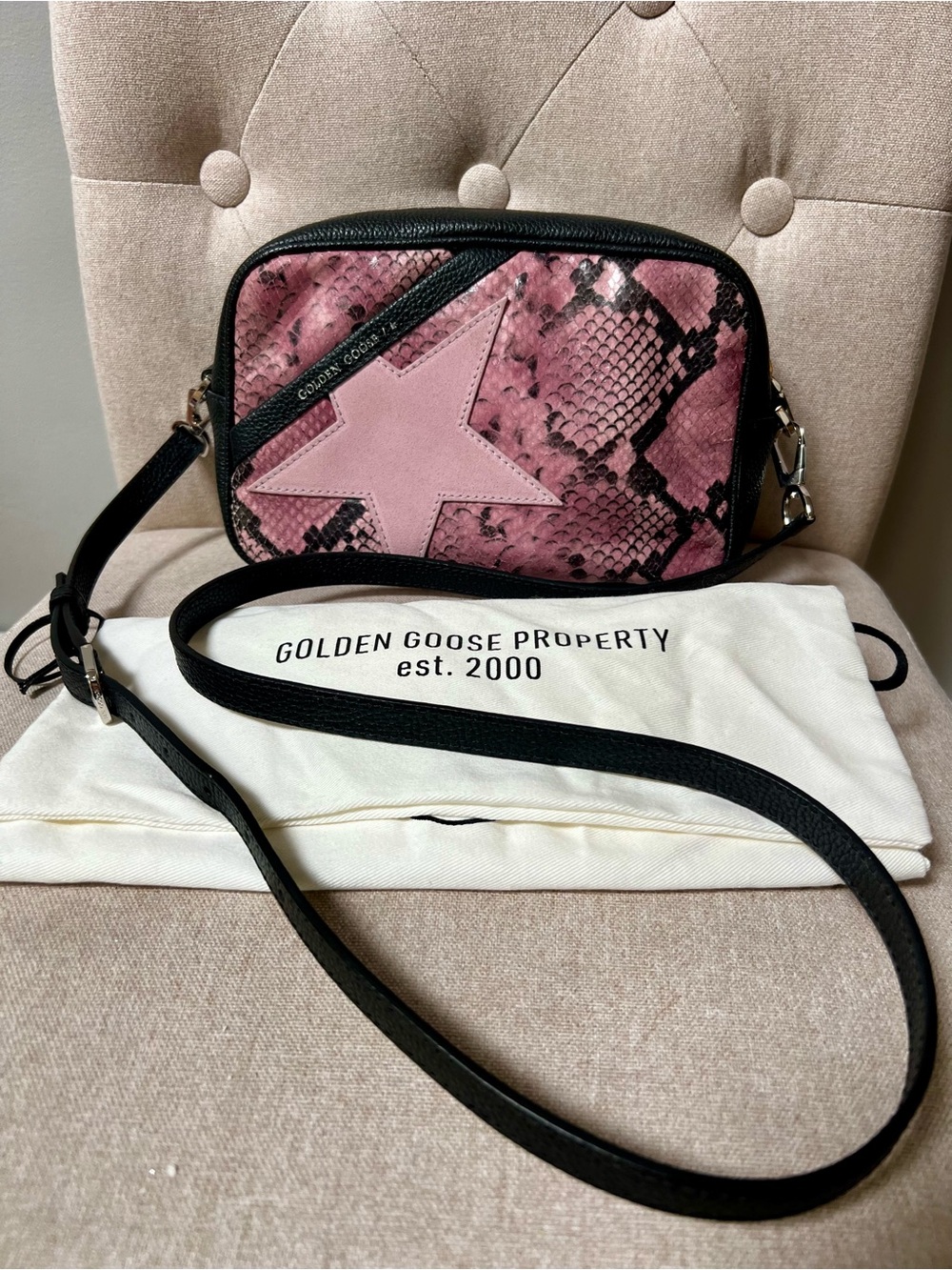 Golden Goose Pink Snake-Print Star Crossbody Bag with Black Trim